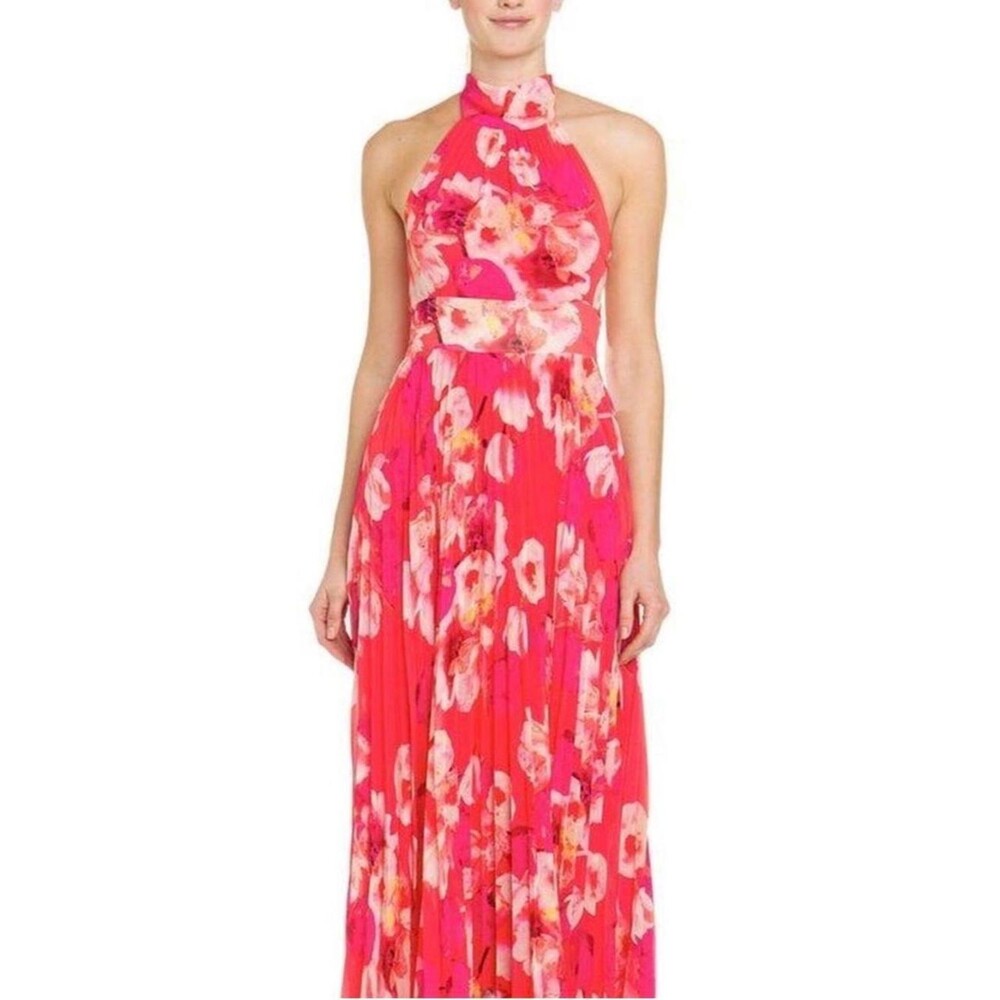 Eliza J 12 Pink Pleated Halter Floral Midi Dress in Pink